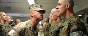 A US Marine Corps drill instructor screams at a Marine recruit during boot camp at Marine Corps Recruit Depot July 8, 2009 in San Diego, CA.